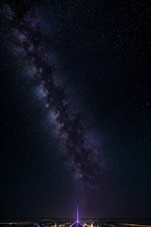starry sky with zodiac constellations, Shades of violet as if they were nebulae., vast space, cyberpunk city at the bottom,