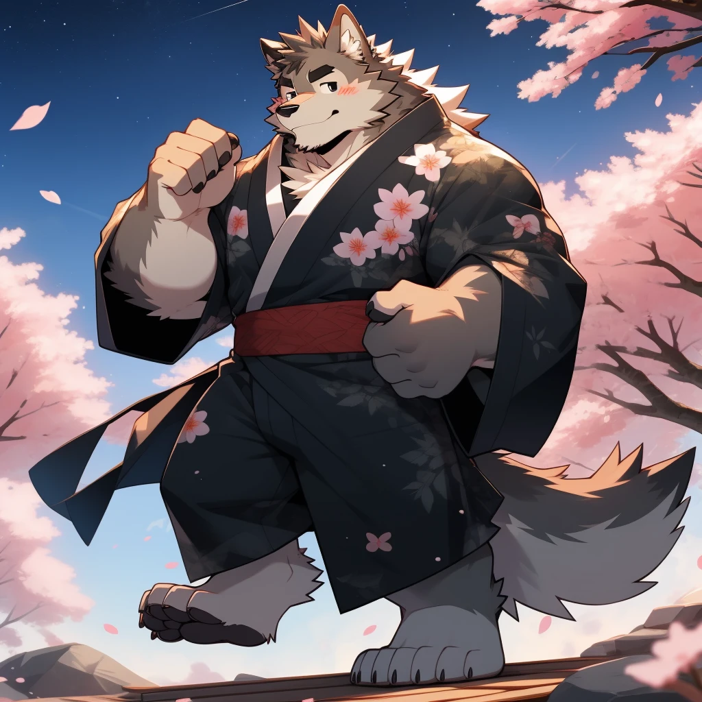 Scribble Wolf face,Cute face,Humanity(Wolf),(Black Kimono:1.3),Muscular,(Black eyebrows:1.1),(Perfect black eyes),（artist:Takemoto Arashi）,(Bulging buttocks),(black sexy underwear)，Cherry blossoms，Night Sky，Wolf尾巴，Furry Paws。