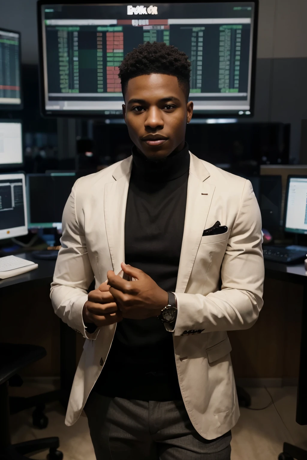 Find an image of a successful young Black man who is a trader with a seven-figure income. The image should convey a sense of confidence, professionalism, and success in the financial trading industry