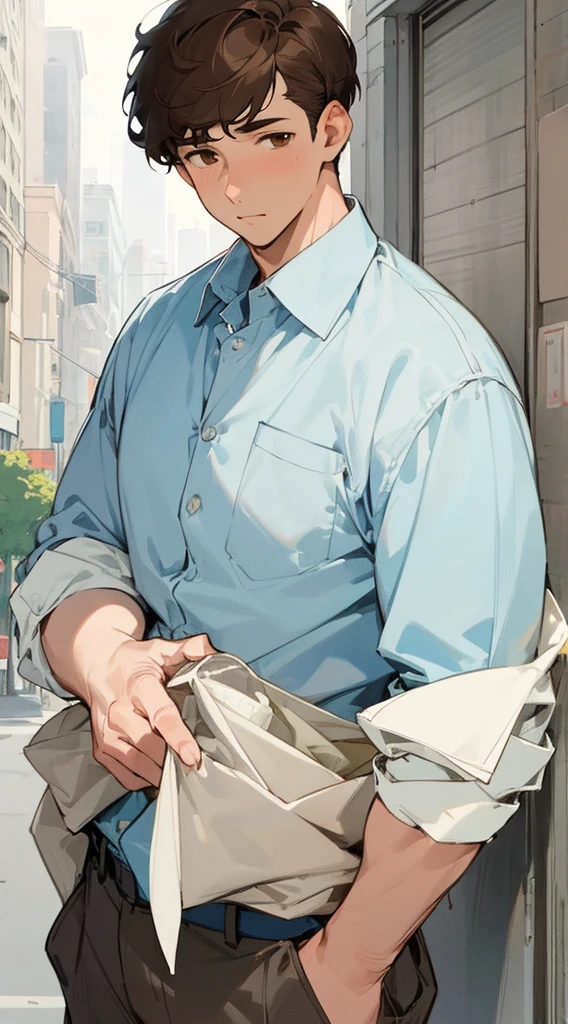 (masterpiece, best quality) detailed, 1Character , blue archive art style , pastel washed out colors , cell shade , soft, muted shades ,gentle colors , Fashion ad , wearing a collared shirt and khakis, urban environment, big city ,cute man , dark brown hair , very short hair, ((crew cut hair style:1)) , brown eyes , light brown skin, masculine, age 17,