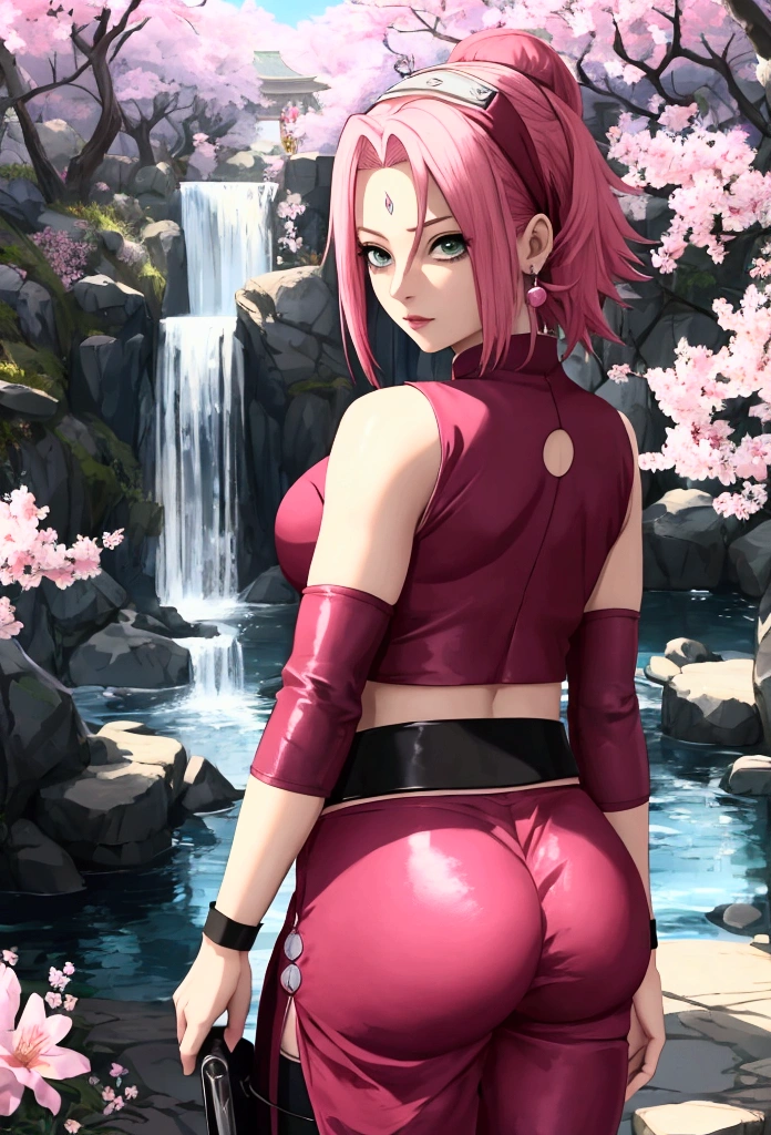 Sakura from the anime (Naruto Shippuden), beautiful green eyes, big chests, sensual, super realistic, well detailed face without distortions, epic image in best possible resolution, 8k, very realistic, depth of field, a work of art, nude, squatting astride