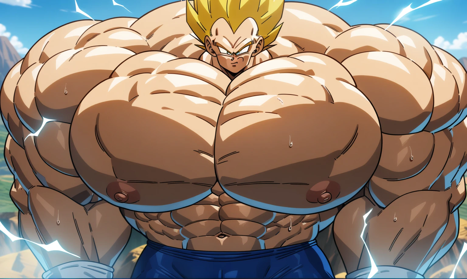 1boy, Vegeta, from Dragon Ball Z, masterpiece, best quality, very aesthetic, absurdres, saiyan, green eyes, spiked hair, (yellow hair:2), shirtless, blue skintight pants, white gloves, (huge muscles:2.5), dragonballartstyle, in the style of Akira Toriyama, outdoors, flat-top mountains, nipples, abs, yellow aura, electricity