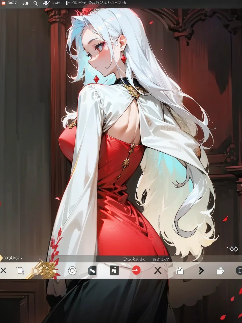 Add in roses to her dress, a good back dress design with some golden jewelry, make her dress into a red and white gown with a hat, give her some unique Jewelry, and make her look somewhat of a demonic angel like appearance to her