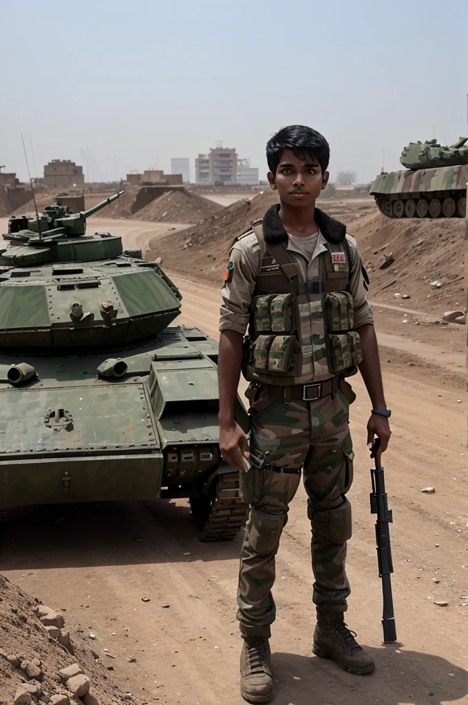Post apocalyptic Indian city in background and a Indian boy standing besides a army
 tank 