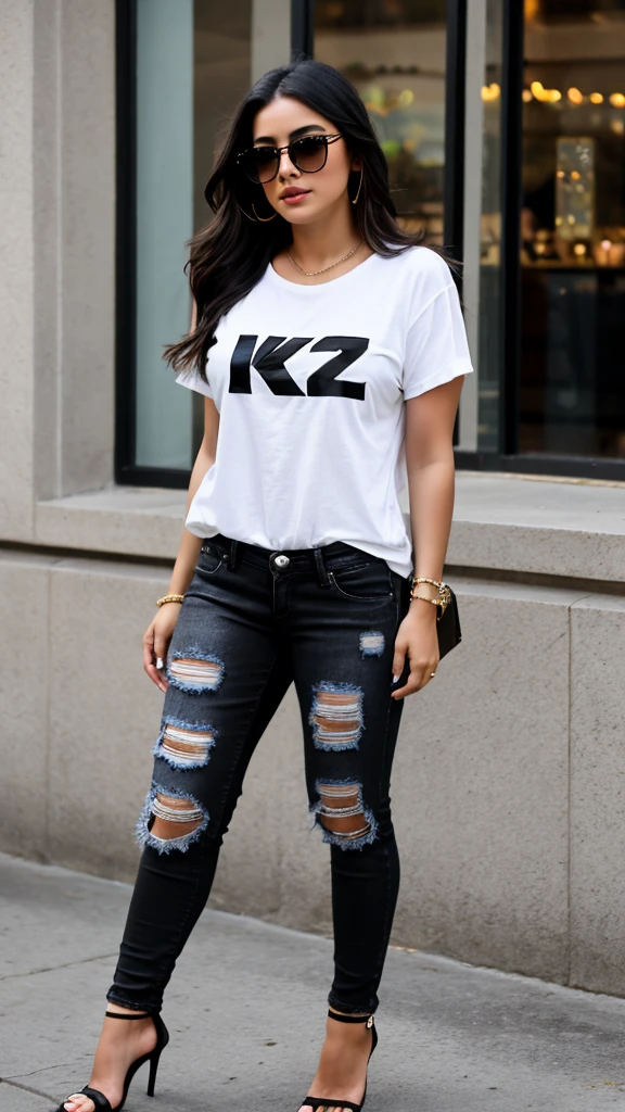 Latina woman 25 years old ,stable model ,transparent lenses ,with black t-shirt with the letters "K2" and ripped jeans black high heels