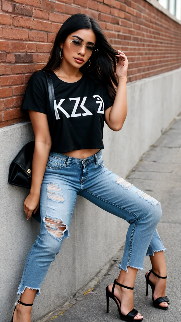 Latina woman 25 years old ,stable model ,transparent lenses ,with black t-shirt with the letters "K2" and ripped jeans black high heels