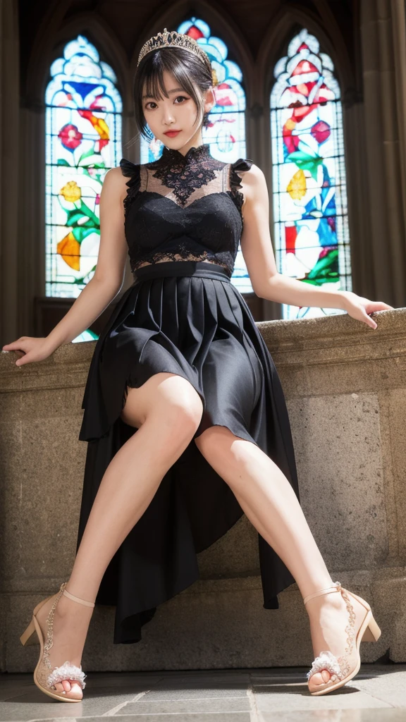 (8k, Photorealistic, Raw photo, Highest quality: 1.4),Japanese idol-style beautiful girl,model,1 person,18-year-old,(Short Bob),(Black Hair),tiara,She has her hair tucked behind her ears,Clear grey eyes,(Long eyelashes),(eye shadow),(Eyeliner),(eyeliner),(piercings(small)),cheek(Beige brown color),(Lip gloss(Deep vermilion)),lips(Plump,glossy),Translucent white and finely textured skin,thin long neck,Thin and delicate shoulders,(Lace gloves(White)),(Wedding Bouquet :1.1),(Wedding dress((Frills),(Lace embroidery),(Plumpしてボリュームのあるスカート),(Long skirt(The hem is long enough to cover your toes and reach the floor :1.2)))),(layer),(High heels(White)),(Background of a Gothic-style stone church with stained glass windows),Smiling at the camera,Full body portrait