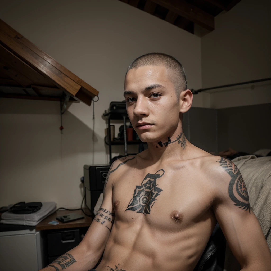 A -yeld maadolescent, shaved hair 3, with gray eyes, bare chest, with a single tattoo that resembles a hurricane on his left chest, a black short.