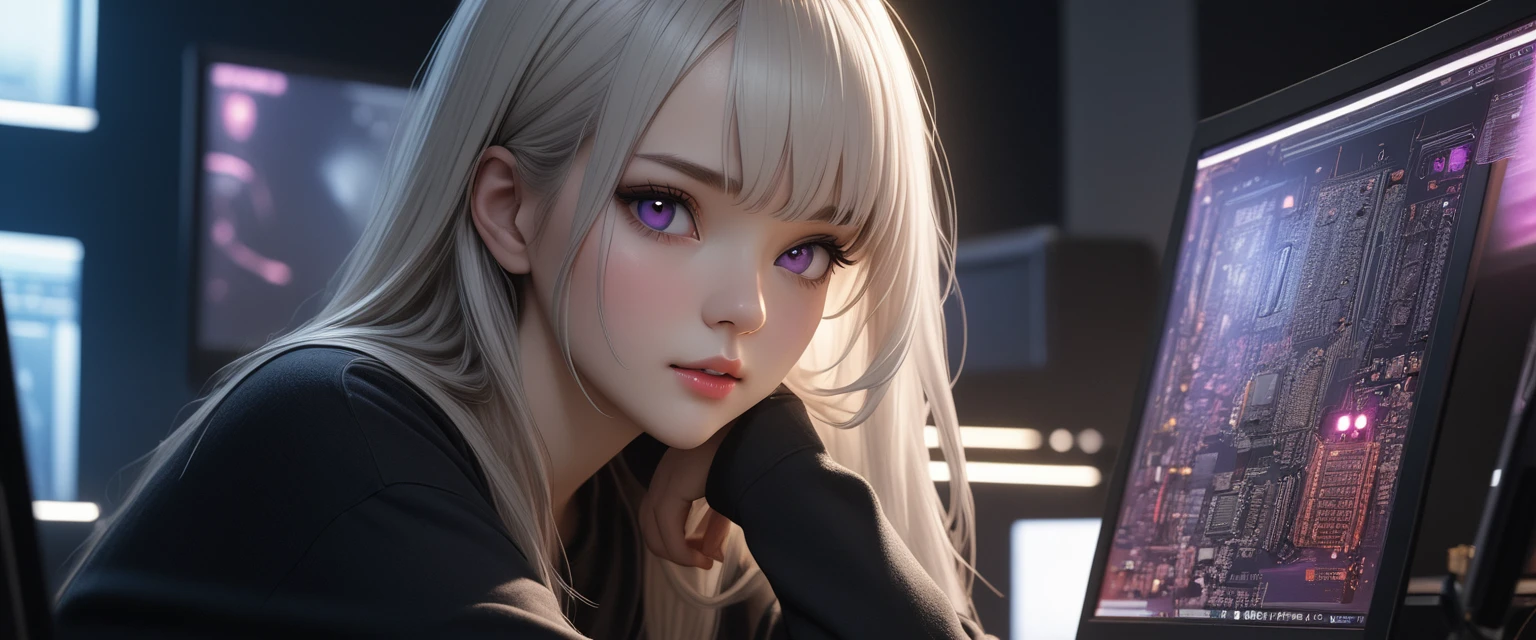 best quality, masterpiece, High resolution, A girl, white hair, purple eyes, black shirt Beautiful face, Tyndall effect, lifelike, Dark studio, Side light , Two-color light, (  With HD:1.2), 8k , Soft light, High Quality, Volumetric lighting, straight, High resolution, 8k, Circuit board, Depth of field, female hacker, computer. photo size 2048×1136