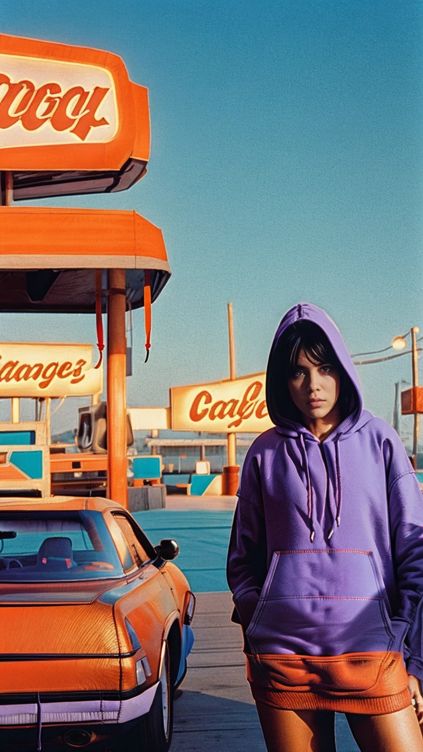 (medium shot portrait) of cute 23 yo girl ,wear ((orange color oversized_hoodie, ((hoodie:1.5)))), wear ((purple tennis skirt)),looking front,ultra detail, 8k portraitBest Quality,Masterpiece,Ultra High Resolution,(Realisticity:1.4),Original Photo, 1Girl, light leak,ultra high resolution,UHD,beautiful, ((black bob hairstlye)), almond eye, no makeup, in front of ((80's colorful los angles gas station)), ((masterpiece)),summer, blue sky, palm trees,sunny, los angles vibes,film camera, 800mm lens,style of Philip Lorca diCorcia
