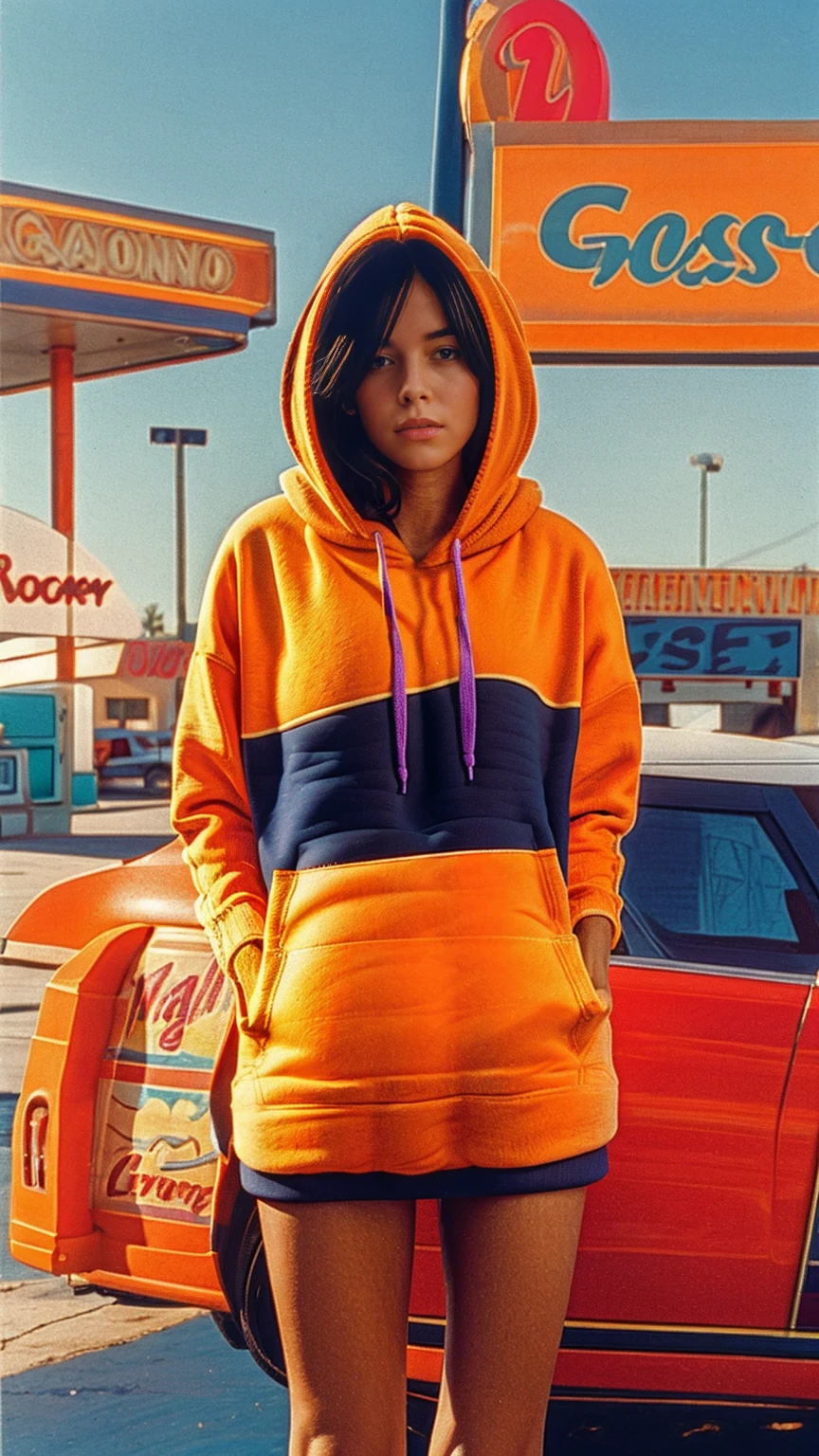 (medium shot portrait) of cute 23 yo girl ,wear ((orange color oversized_hoodie, ((hoodie:1.5)))), wear ((purple tennis skirt)),looking front,ultra detail, 8k portraitBest Quality,Masterpiece,Ultra High Resolution,(Realisticity:1.4),Original Photo, 1Girl, light leak,ultra high resolution,UHD,beautiful, ((black bob hairstlye)), almond eye, no makeup, in front of ((80's colorful los angles gas station)), ((masterpiece)),summer, blue sky, palm trees,sunny, los angles vibes,film camera, 800mm lens,style of Philip Lorca diCorcia