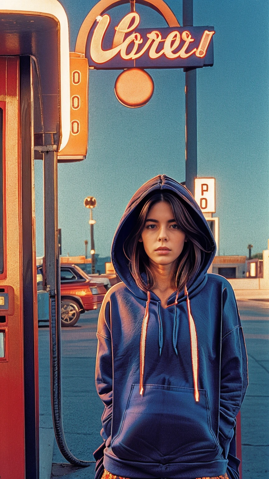 (medium shot portrait) of cute 23 yo girl ,wear ((orange color oversized_hoodie, ((hoodie:1.5)))), wear ((purple tennis skirt)),looking front,ultra detail, 8k portraitBest Quality,Masterpiece,Ultra High Resolution,(Realisticity:1.4),Original Photo, 1Girl, light leak,ultra high resolution,UHD,beautiful, ((black bob hairstlye)), almond eye, no makeup, in front of ((80's colorful los angles gas station)), ((masterpiece)),summer, blue sky, palm trees,sunny, los angles vibes,film camera, 800mm lens,style of Philip Lorca diCorcia