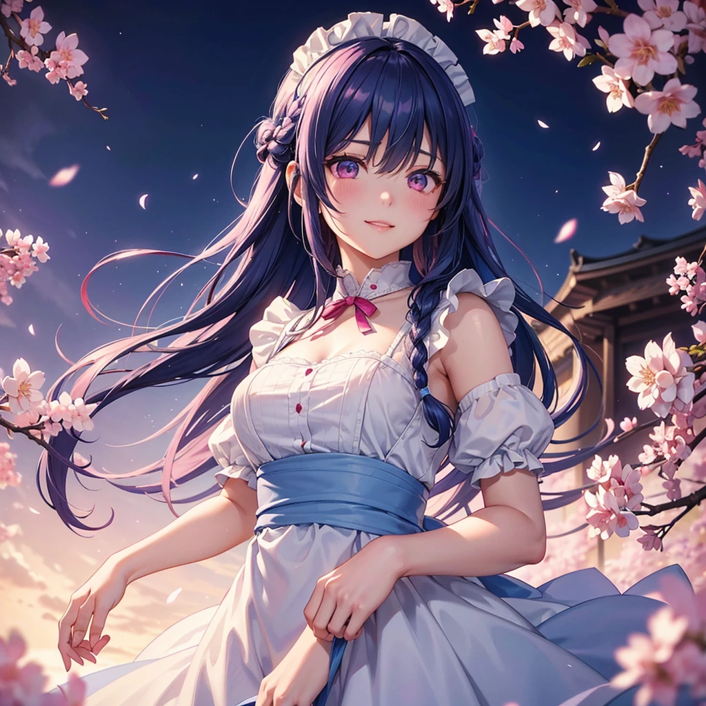 (Sky blue medium hair),(Braided hair tied together)、Pink eyes、Fair skin、(whole body)、(One Girl)、(Maid clothes)、Cherry Blossoms at Night、A big smile、、(masterpiece、Highest quality、Very detailed、Best Shadow)、(Detailed Background)、(Beautifully detailed face)、High contrast、(Best lighting、Very delicate and beautiful)、((Cinematic Light))、colorful、Hyper Detail、Dramatic Light、Exquisite detail、