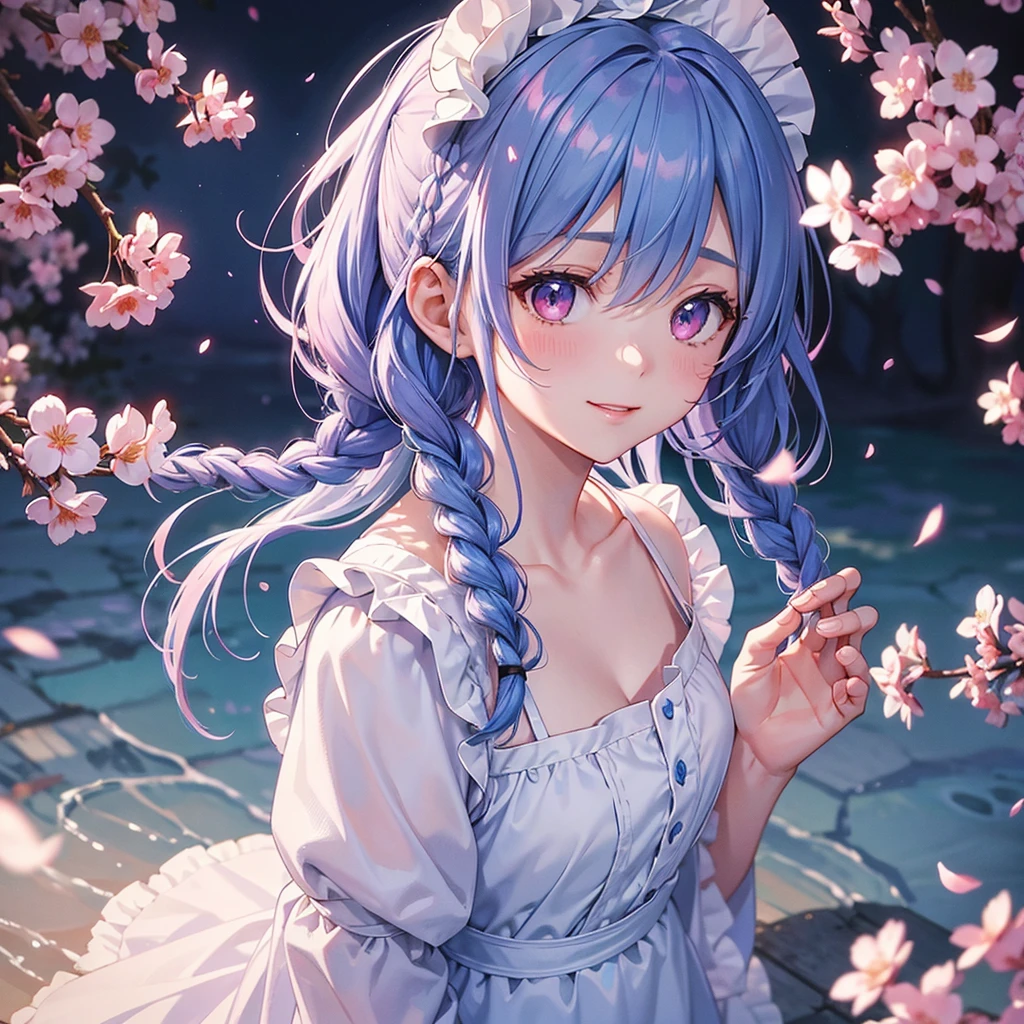 (Sky blue medium hair),(Braided hair tied together)、Pink eyes、Fair skin、(whole body)、(One Girl)、(Maid clothes)、Cherry Blossoms at Night、A big smile、、(masterpiece、Highest quality、Very detailed、Best Shadow)、(Detailed Background)、(Beautifully detailed face)、High contrast、(Best lighting、Very delicate and beautiful)、((Cinematic Light))、colorful、Hyper Detail、Dramatic Light、Exquisite detail、