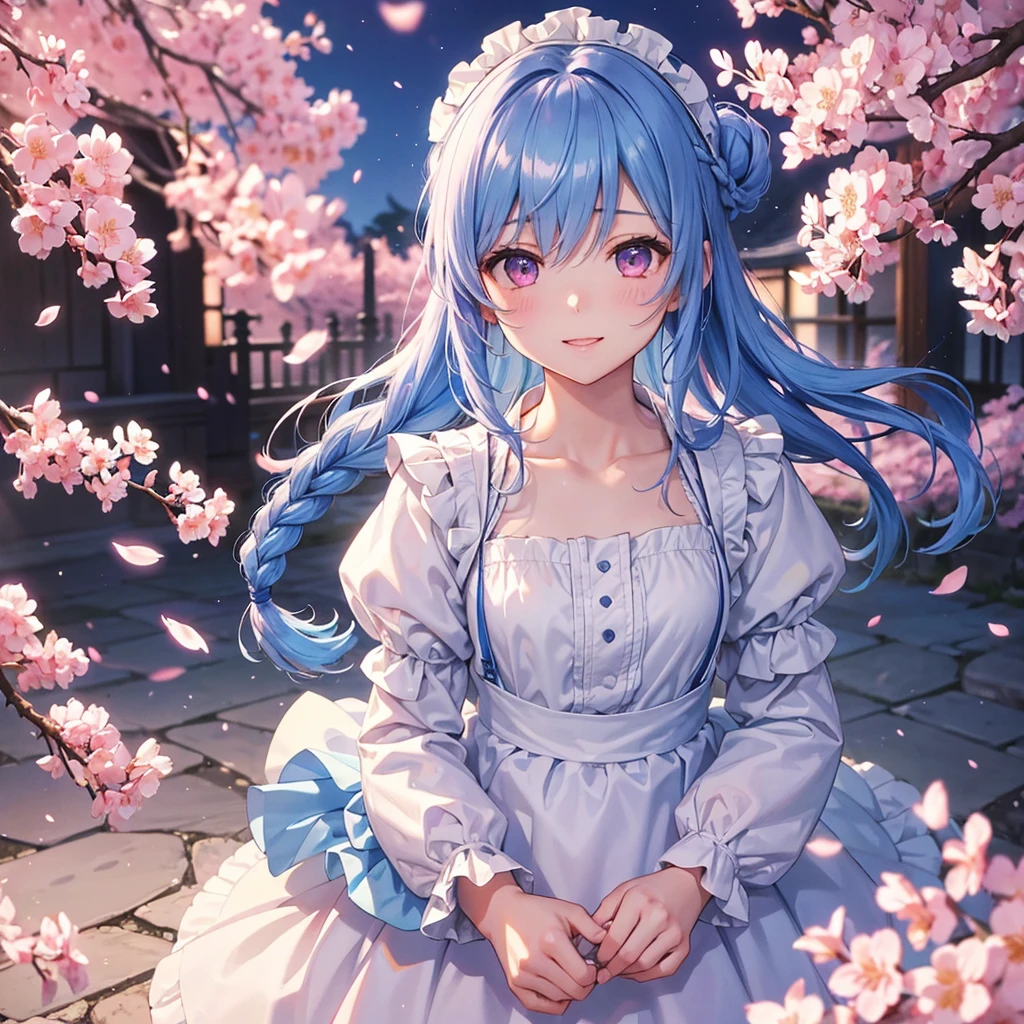 (Sky blue medium hair),(Braided hair tied together)、Pink eyes、Fair skin、(whole body)、(One Girl)、(Maid clothes)、Cherry Blossoms at Night、A big smile、、(masterpiece、Highest quality、Very detailed、Best Shadow)、(Detailed Background)、(Beautifully detailed face)、High contrast、(Best lighting、Very delicate and beautiful)、((Cinematic Light))、colorful、Hyper Detail、Dramatic Light、Exquisite detail、
