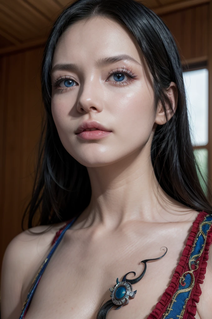 Hancock from one piece, realistic, age 25, pure white skin, blue pupils, black long hair, perfect face, perfect shape body, large breasts, red royal clothes, posing to viewer. 