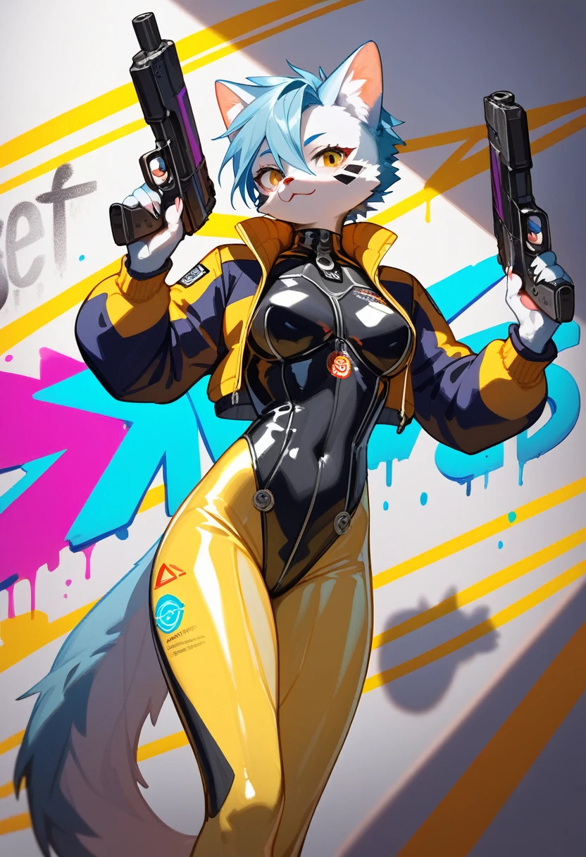 animation, Highest quality, Highest quality, High quality illustrations, masterpiece, Ultra-high resolution, Detailed Background, cyber cafe, Graffiti art on the wall, Absurd, Perfect Anatomy, performance, Good lighting, Shadows in the movies(kemono, Furry PersonifiCation), Cat, Blueskin, Yellow Rubber Suit, latex, neon, neonライト, neonカラー, Bodysuits, Cyber Suit, Mech Suit, Rubber Half Jacket, cyber punk, Holding a gun