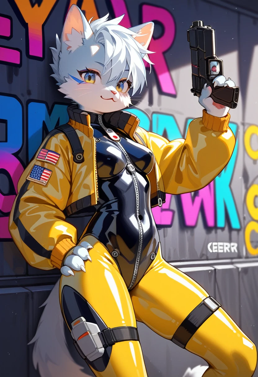 animation, Highest quality, Highest quality, High quality illustrations, masterpiece, Ultra-high resolution, Detailed Background, cyber cafe, Graffiti art on the wall, Absurd, Perfect Anatomy, performance, Good lighting, Shadows in the movies(kemono, Furry PersonifiCation), Cat, Blueskin, Yellow Rubber Suit, latex, neon, neonライト, neonカラー, Bodysuits, Cyber Suit, Mech Suit, Rubber Half Jacket, cyber punk, Holding a gun