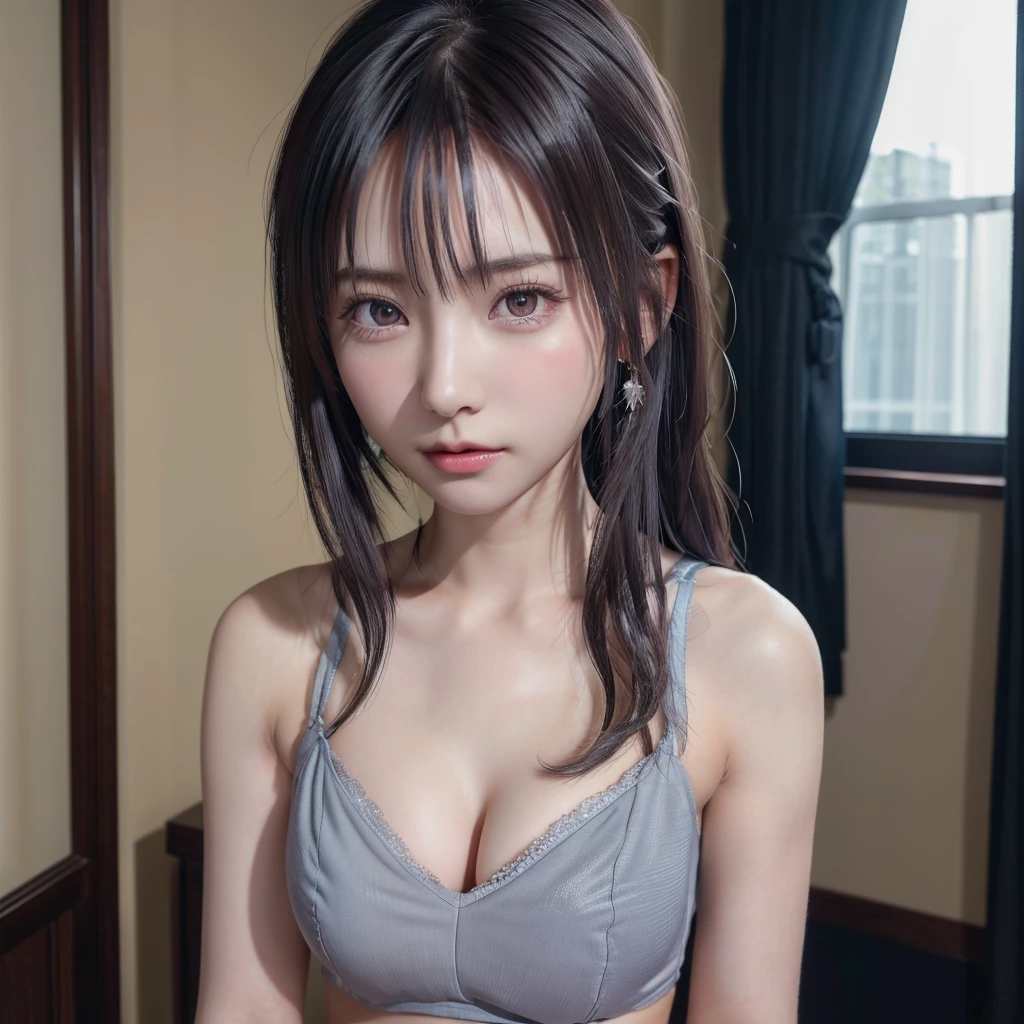 Dark Purple Lace T-Back Bra, (((とてもエレガントでbeautiful, Perfect detail, Very detailed))), whole body, The most detailed girl, Written boundary depth, 美しくdetailedなwhole body, Thin legs, 1 girl, 30 years old, Very short hair, Spiked Hair, Gray and silver hair, beautiful detailed hair, Perfect Face, Expressionless, beautiful, detailed, Deep Eyes, Open your mouth a little, Delicate arms and hands, Pale skin, Earrings, beautiful and gorgeous necklace, Colorful background, HD background, Blurred Background, とても繊細でbeautiful, masterpiece, (((Highest quality, とてもbeautiful8K CG壁紙))), (((Trendy hairstyles))), (Inside the room,Stylish interior,window),