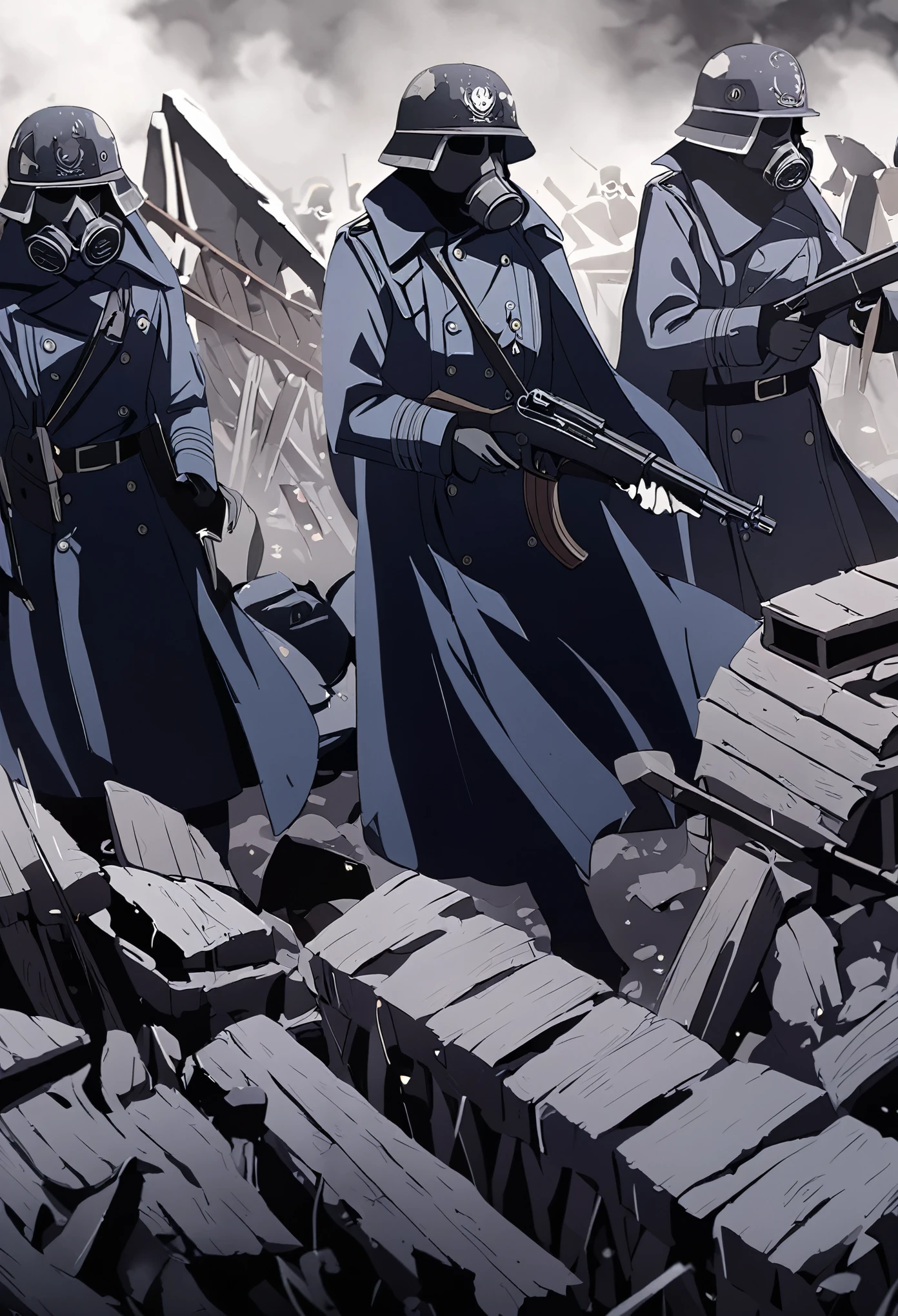 Krieg Death Corps Guards, 3 persons, dressed in long trench coats of dark blue color, helmet "Hadrianka", barricades, gas masks, world war 1 atmosphere