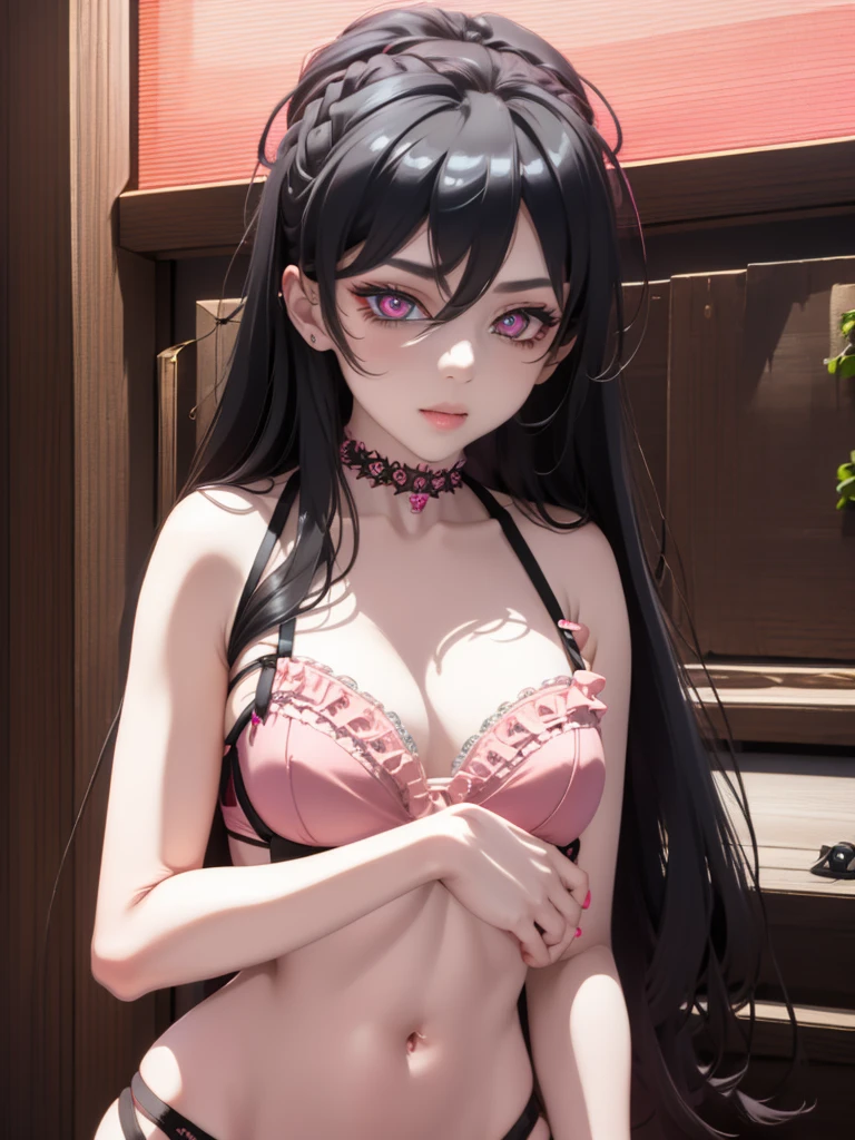 1 girl, ((black straight long hair)), standing sexily, looking at viewer, ((beautiful pink eyes)), ((wearing a pink lingerie)), nice realistic bedroom, red wall, neon lights, black choker, natural eyebrows, full_body