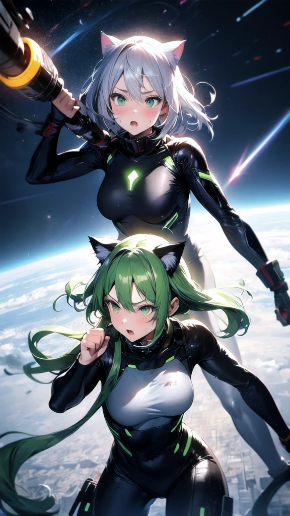 A silver-haired beautiful girl with cat ears eyes are green hair is silver and long clothes: a form-fitting black combat suit The fist is an afterimage The background is a city at night her is in a cat-like fighting pose The year is monitor, Dark Night, Sweat, Steam of Exhalation, Space, Battle, Dynamic Angle one girl