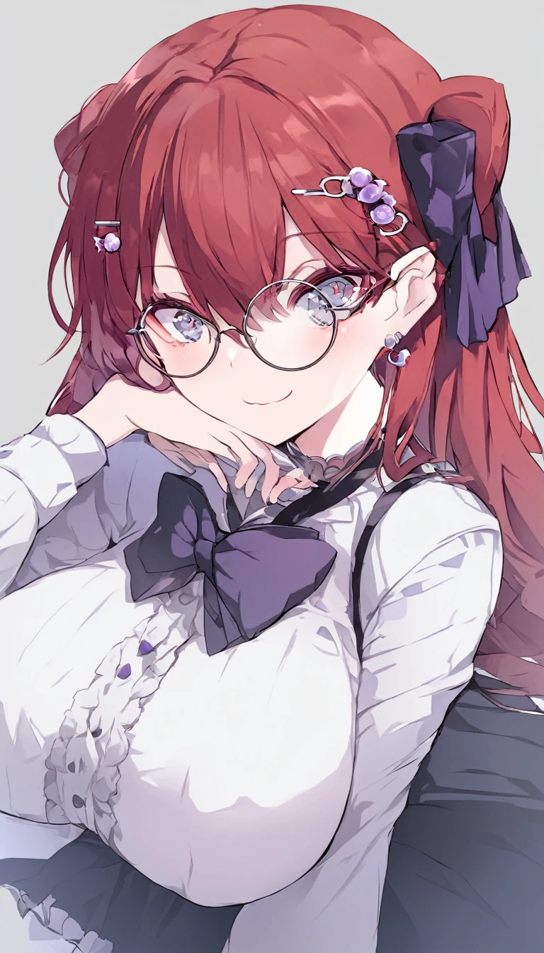 an anime girl with long red hair and grey eyes with glasses is posing, 1girl, solo, breasts, hair ornament, looking at viewer, grey background, bow, hairclip, :3, long hair, large breasts, bowtie, purple bowtie