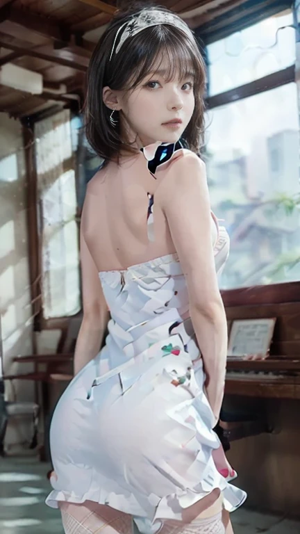 (8k, Realistic, RAW Photos, Highest quality: 1.4),Japanese idol-style beautiful girl,model,1 person,18-year-old,(Short Bob),(Black Hair),tiara,She has her hair tucked behind her ear,Transparent grey eyes,Long eyelashes,eyeliner,eyeliner,(Earrings(small)),cheek(Beige brown),(Lip gloss),lips(Plump,Shiny),透明感のあるwhiteさとキメの細かい肌,thin long neck,Thin and delicate shoulders,(Lace gloves(white)),(Wedding Bouquet),(Wedding dress(Frills,Plumpしたロングスカート :1.1)),(layer),(Fishnet tights(white)),(High heels(white)),(Background of a Gothic stone church with stained glass windows),Smiling for the camera,Full body portrait
