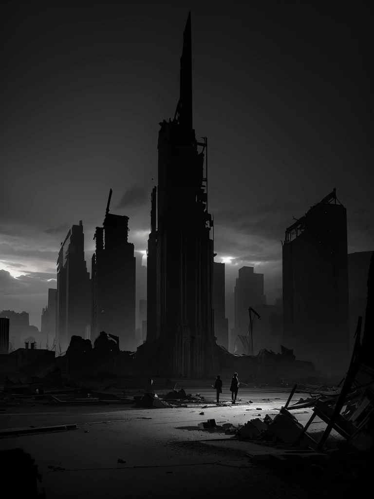 In the first panel of a Webtoon, depict a character seen from behind, gazing at a ruined city. The scene should convey a melancholic and mysterious atmosphere, drawing the reader into a post-apocalyptic world.
The character stands at the center of the frame, slightly leaning forward, as if absorbed by the desolation before them. They wear a long, tattered black cloak, frayed at the edges, indicating the hardships they've endured. Beneath the cloak, they have sturdy boots suitable for rough terrain and dark pants reinforced at the knees. Their disheveled hair is tousled by an invisible wind, adding a subtle dynamic to the scene.
The background is dominated by the ruins of the city. Buildings, once majestic, are now skeletal remains of concrete and steel, some half-collapsed, others reduced to piles of rubble. Broken windows and crumbling walls hint at a distant past of prosperity and abundance. A sun obscured by thick clouds casts a diffuse, gray light over the landscape, enhancing the sense of desolation.
The ground is littered with various debris: shards of glass, twisted metal beams, abandoned cars partially buried under dust. A few resilient wild plants have begun to reclaim their territory, growing through cracks in the asphalt, adding touches of green to the somber scene. The elongated shadows of the ruined buildings create irregular patterns on the ground, playing with the light to form a striking contrast.