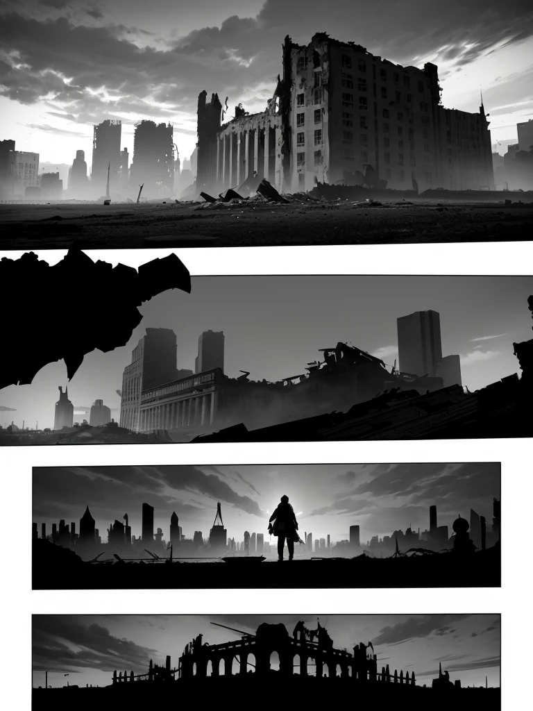 
In the first panel of a Webtoon, depict a character seen from behind, gazing at a ruined city. The scene should convey a melancholic and mysterious atmosphere, drawing the reader into a post-apocalyptic world.

The character stands at the center of the frame, slightly leaning forward, as if absorbed by the desolation before them. They wear a long, tattered black cloak, frayed at the edges, indicating the hardships they've endured. Beneath the cloak, they have sturdy boots suitable for rough terrain and dark pants reinforced at the knees. Their disheveled hair is tousled by an invisible wind, adding a subtle dynamic to the scene.

The background is dominated by the ruins of the city. Buildings, once majestic, are now skeletal remains of concrete and steel, some half-collapsed, others reduced to piles of rubble. Broken windows and crumbling walls hint at a distant past of prosperity and abundance. A sun obscured by thick clouds casts a diffuse, gray light over the landscape, enhancing the sense of desolation.

The ground is littered with various debris: shards of glass, twisted metal beams, abandoned cars partially buried under dust. A few resilient wild plants have begun to reclaim their territory, growing through cracks in the asphalt, adding touches of green to the somber scene. The elongated shadows of the ruined buildings create irregular patterns on the ground, playing with the light to form a striking contrast.
