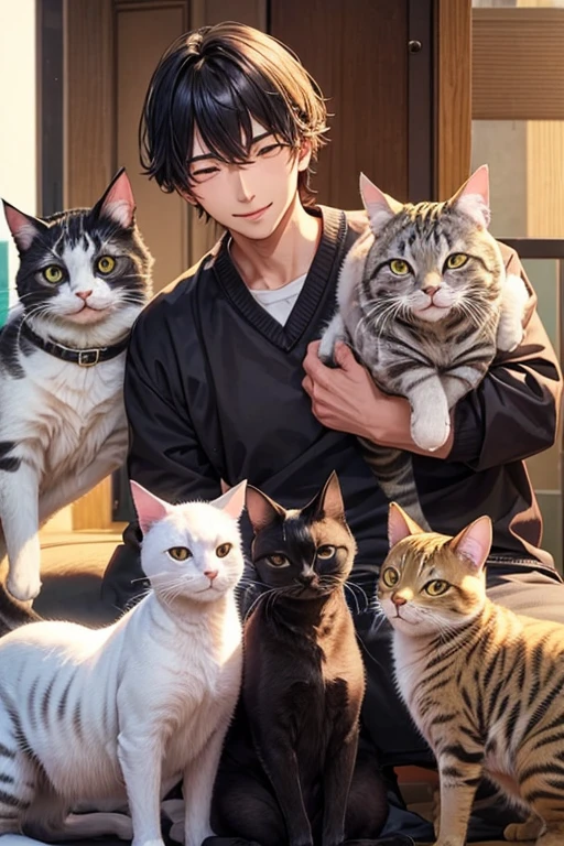Lots of cats,Three cats,One man and many cats,Man surrounded by cats,smile,Refreshing Men,Gentle expression,猫もsmile,