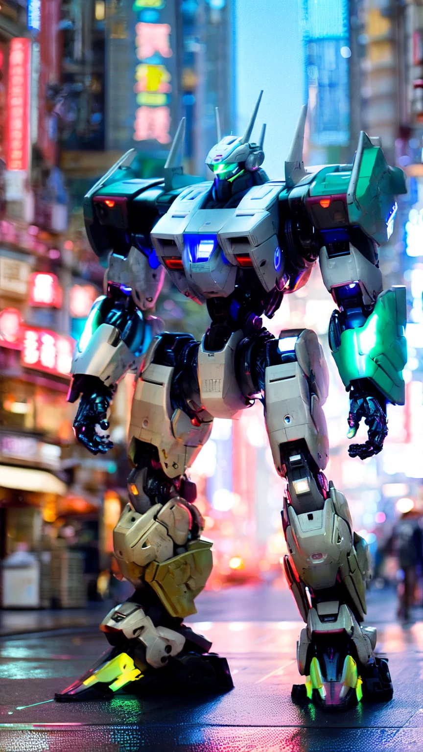 Oliv green Mecha, standing in the City Street