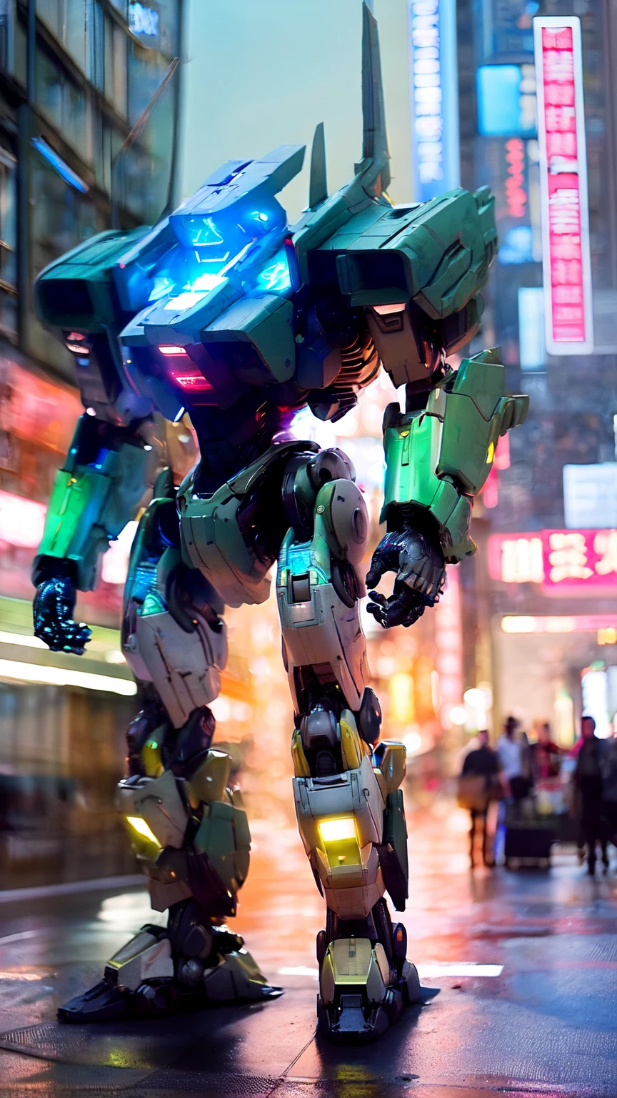 Oliv green Mecha, standing in the City Street