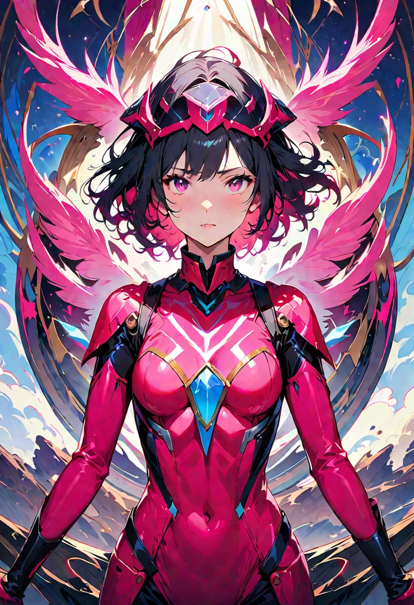 One young and beautiful woman,(Highest quality,Extremely detailed depiction,Incredibly absurd high resolution,Anatomically accurate depiction,Perfect body),(Pink imitation of the Sentai heroine),(Sentai heroine&#39;s white and pink bodysuit,White tights),eyelash,Heavy makeup,blush,(Intensely glowing purple eyes,Crazy Eyes,A seductive smile,Glossy Lips),Sweat,whole body,(Seducing pose on bed),((background:Bedroom at night)),(From above:1.2)