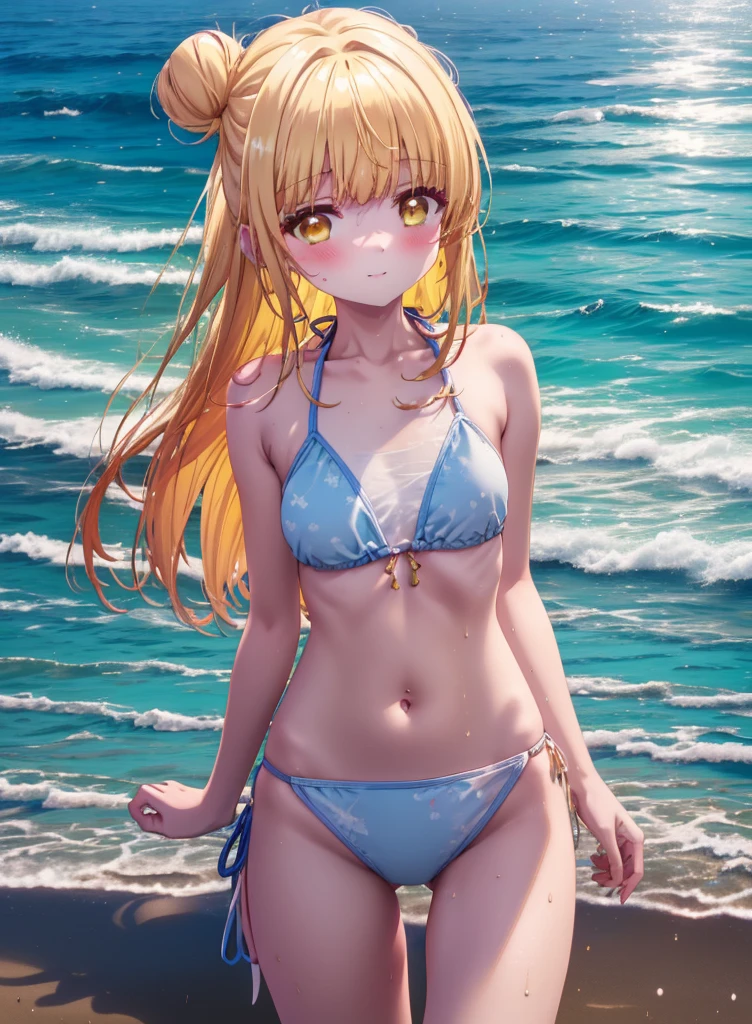 mahirushiina, Mahiru Shiina, Long Hair, bangs, Blonde, Brown Hair, (Yellow Eyes:1.3), smile,blush,Hair Bun, double Hair Bun,Yellow bikini swimsuit,barefoot,Water Play,Ocean,Sandy Beach,whole bodyがイラストに入るように,Wet Hair,Wet Skin,Wet swimsuit,
break outdoors, Beach,
break looking at viewer, whole body,(Cowboy Shot:1. 5)
break (masterpiece:1.2), Highest quality, High resolution, unity 8k wallpaper, (figure:0.8), (Beautiful attention to detail:1.6), Highly detailed face, Perfect lighting, Highly detailed CG, (Perfect hands, Perfect Anatomy),