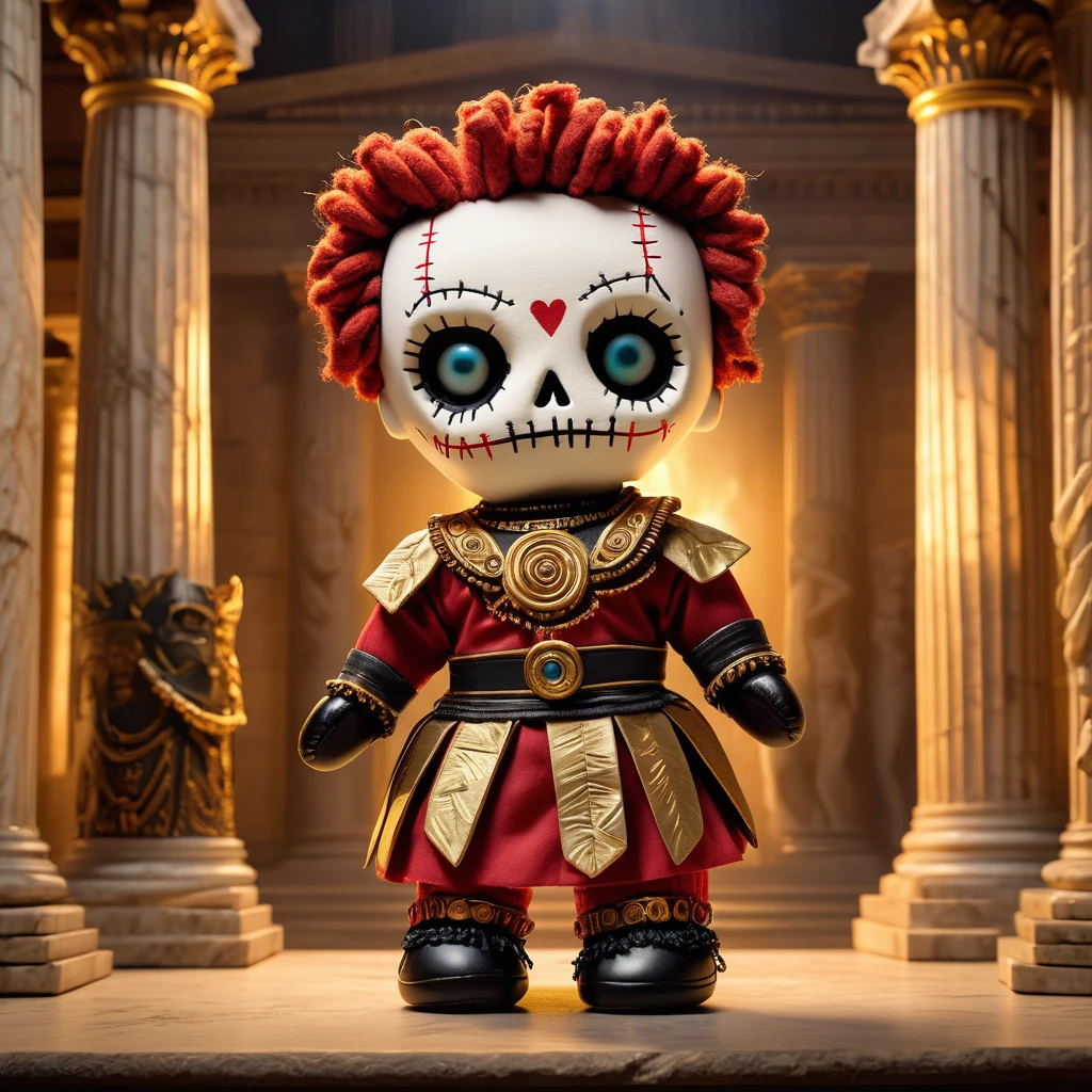 (knitted toy voodoo doll:1.7), (Voodoo Julius Caesar:1.3), (Clothing: Roman general attire with laurel wreath patterns:1.0), (Accessories: enchanted scroll emitting a golden glow, floating dagger:1.1), (background: grand Roman forum with towering columns, marble statues, and an atmosphere of imperial authority:1.2), best quality, masterpiece, detailed soft oil painting, detailed background, dramatic cinematic lighting, soft edge lighting, professional, dramatic lighting, hard edge lighting, ultra quality, 4k,masterpiece, best quality, 8k, ultra highres, highres, extremely detailed