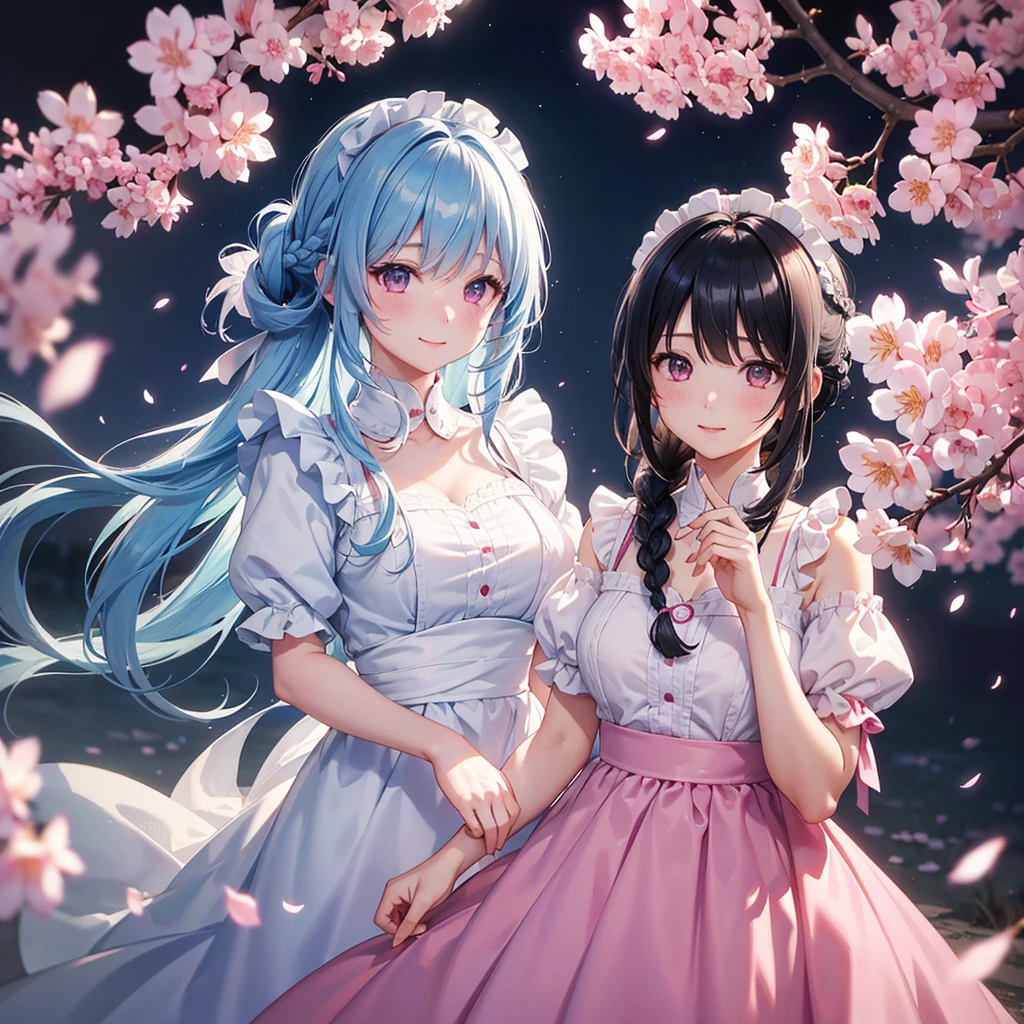 cherry_blossoms, Falling_petals, petals, branch, Pink_flower, 1girll,20yr old, Blue_sky, Spring_\(season\), petals, flower, hanami, dress, (Long straight blue hair:1.5), Wear a garland, sky,exteriors,clouds,By bangs,ssmile,Blue eyes,White wedding dress,white lace legwear,Diamond crystal heels,Lace gloves,exposed bare shoulders,diamonds earrings,Detail enhancement,perfect hand,Bouquet stamens,ventania,The tree,best qualtiy,detail-rich,Perfect image quality。