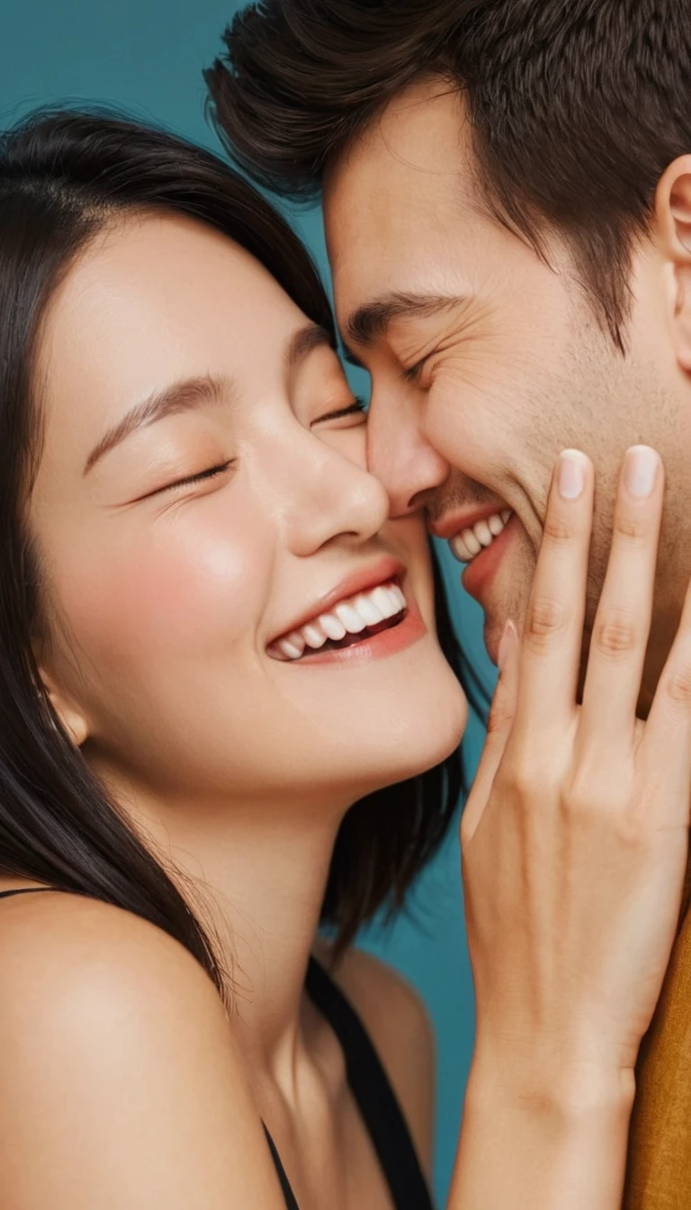 man and woman hugging each other and looking at each other, dress up、high quality、photo realistic、healthy、Smiling expression、perfect figure、beautiful eyes、face perfect、Beautiful skin、pastel blue background