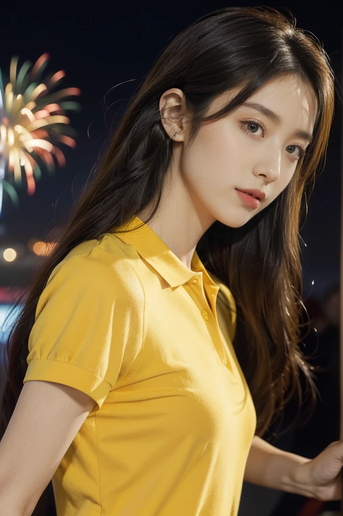(((best quality))),(((ultra detailed))),(((masterpiece))),illustration, ((Olympic Opening Ceremony,in Paris,summer night,magnificent National stadium of France,Olympic torch lighting, fireworks)),(crowded crowds of enthusiastic spectators:1.3),((a beautiful Chinese girl,solo)),((shoulder length straight hair:1.2)),((slim,thin)),((small breasts,flat chest)),(((red short-sleeved collared polo shirt,yellow pants))), excited expression, awe, celebrating, electric atmosphere, sense of pride, excitement, playing field, crowd energy, unity, camaraderie, representing China, historic event, memorable moment,((from front,upper body))