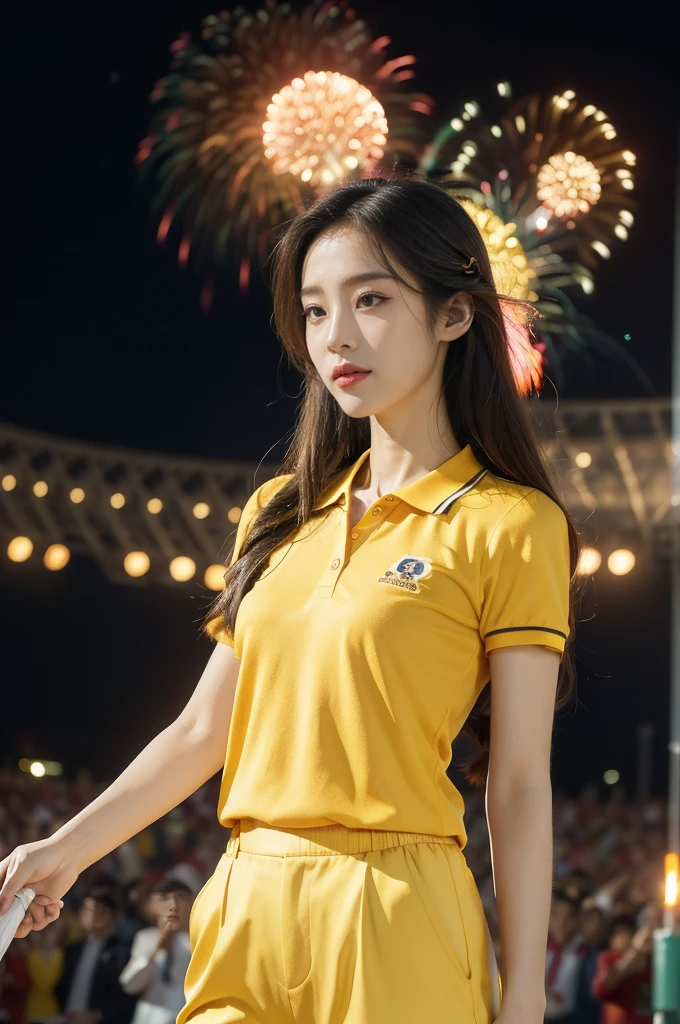 (((best quality))),(((ultra detailed))),(((masterpiece))),illustration, ((Olympic Opening Ceremony,in Paris,summer night,magnificent National stadium of France,Olympic torch lighting, fireworks)),(crowded crowds of enthusiastic spectators:1.3),((a beautiful Chinese girl,solo)),((shoulder length straight hair:1.2)),((slim,thin)),((small breasts,flat chest)),(((red short-sleeved collared polo shirt,yellow pants))), excited expression, awe, celebrating, electric atmosphere, sense of pride, excitement, playing field, crowd energy, unity, camaraderie, representing China, historic event, memorable moment,((from front,upper body))
