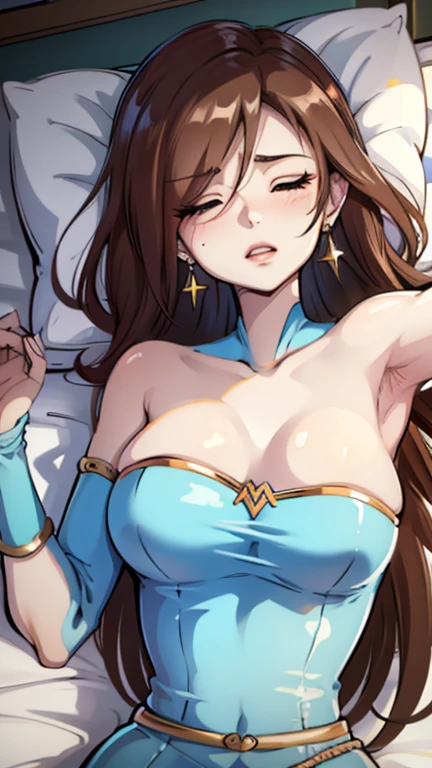 wonder women, sexy, on bed, lying on bed, perfect anatomy, perfect body, high resolution, lingerie, closed eyes, sleeping, mature women, huge breasts, upper-half body, blushing