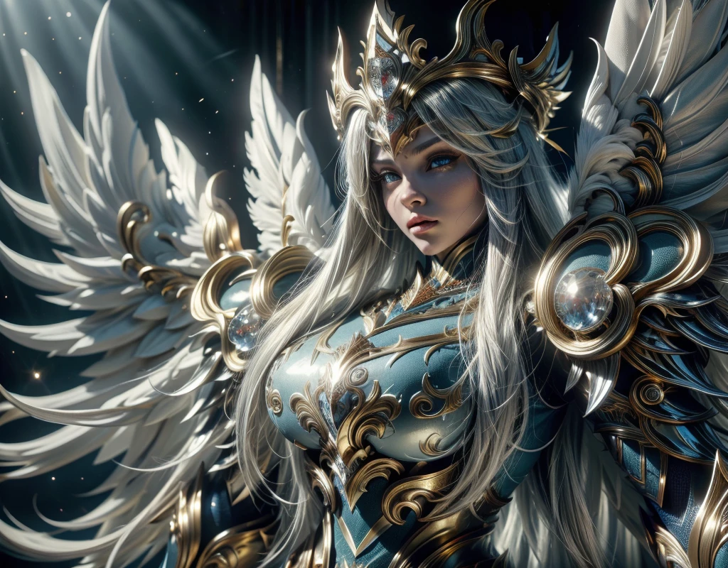  In a clear day forest, there is a woman highlighting her remains of her raspy feathers. A goddess with long white hair, ultra detailed eyes, gold crown with large magic crystal in the white shiny center, wearing a blue costume of paladin powers, futuristic. Anja Templar armor with large angel aza made of large white feathers
 with fine gold accents, facing me. Details:1.2) 4K ultra-HD, digital SLR, soft lighting, high quality, 