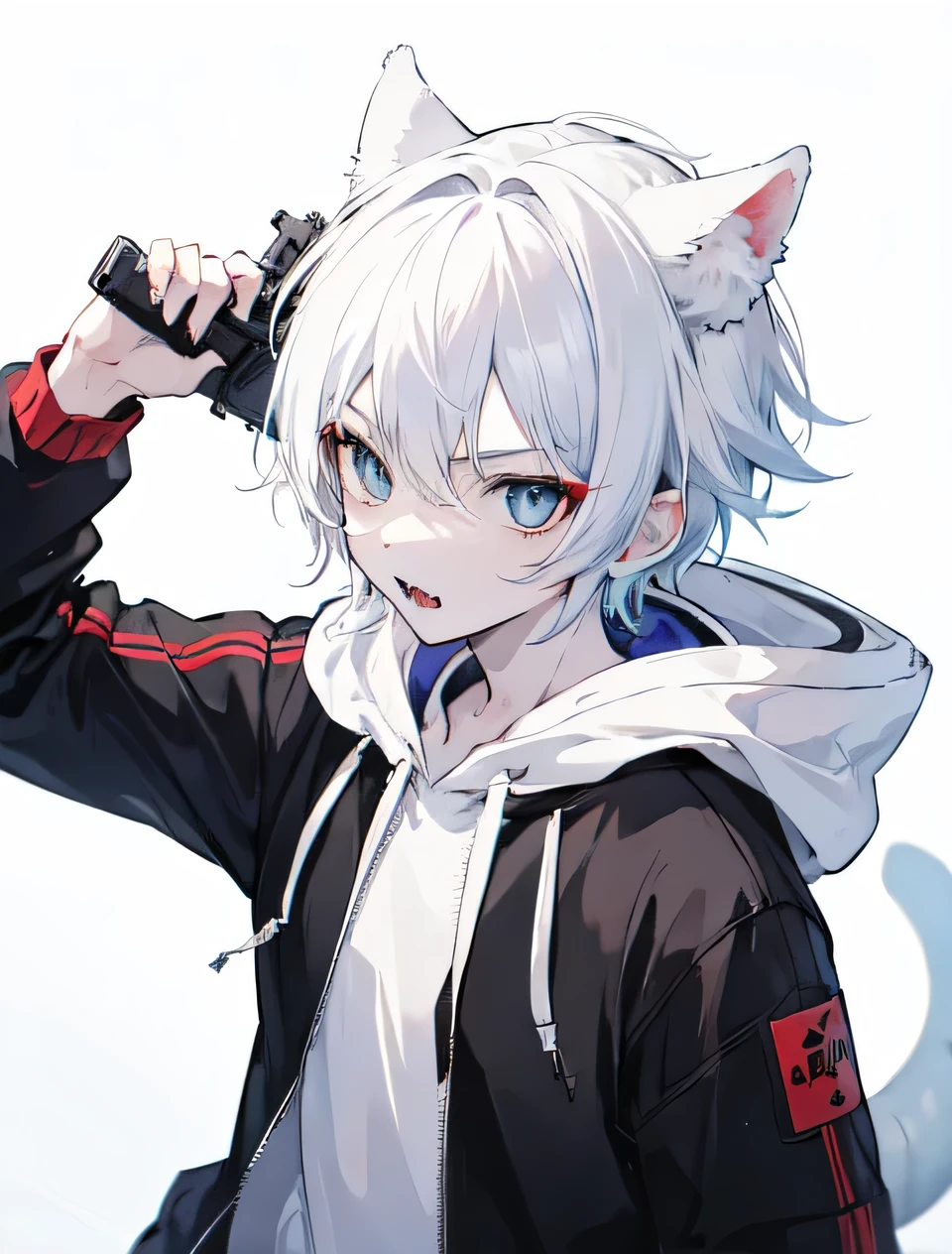 1Boy, Boyish, Catboy, Fangs Showing, Ultra-detailed Ice-colored Dragon Eyes, Eye-focus, Snow-White Hair, Head Shot, Cute Expression, Tight Hoodie, 2 gun, Plain Background