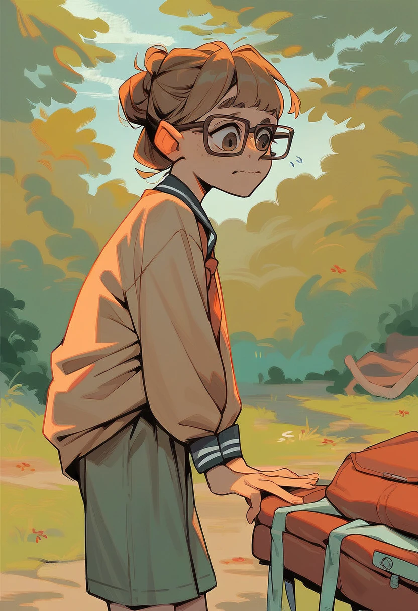 1girl, european girl, long light-brown hair, cute face, embarrassment, outdoor clothes, glasses, standing, school camp, school, source_realictic, deatiling panting, brown eyes, detailing body, side view
