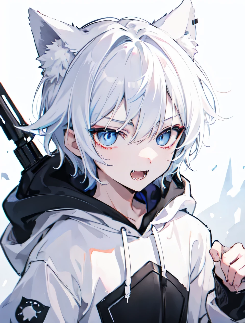 1Boy, Boyish, Catboy, Fangs Showing, Ultra-detailed Ice-colored Dragon Eyes, Eye-focus, Snow-White Hair, Head Shot, Cute Expression, Tight Hoodie, 2 gun, Plain Background