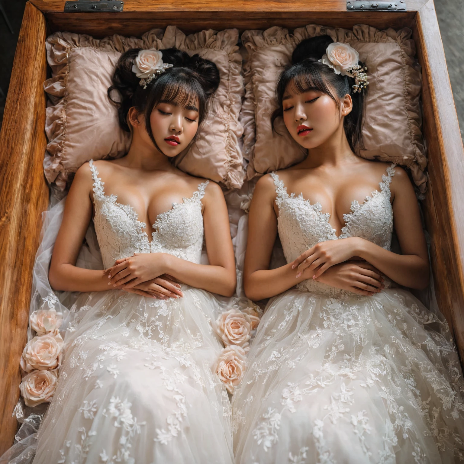 A provocative and sensual image unfolds before us. Two Korean girls, 22 years old, lie asleep in a deep, black coffin surrounded by plush pillows. They wear see-through wedding dresses with lace details, off-shoulder designs, sleeve, and huge skirts that cascade around their bodies. The dresses are cut low to showcase their beautiful breasts, fixed with a subtle cleavage cutout. Their faces are flawless, with perfect eyebrows, eyelashes, and skin tone. One girl's hair is styled in a ponytail with bangs framing her face, while the other has a bun adorned with wisps of hair framing her closed eyes. The overall atmosphere is one of intimacy and sensuality, with saturated colors enhancing the mood. Note the visible breasts and perfectly manicured hands that peek out from beneath the skirts, which are strategically covered to conceal their legs, ba11g0wn 