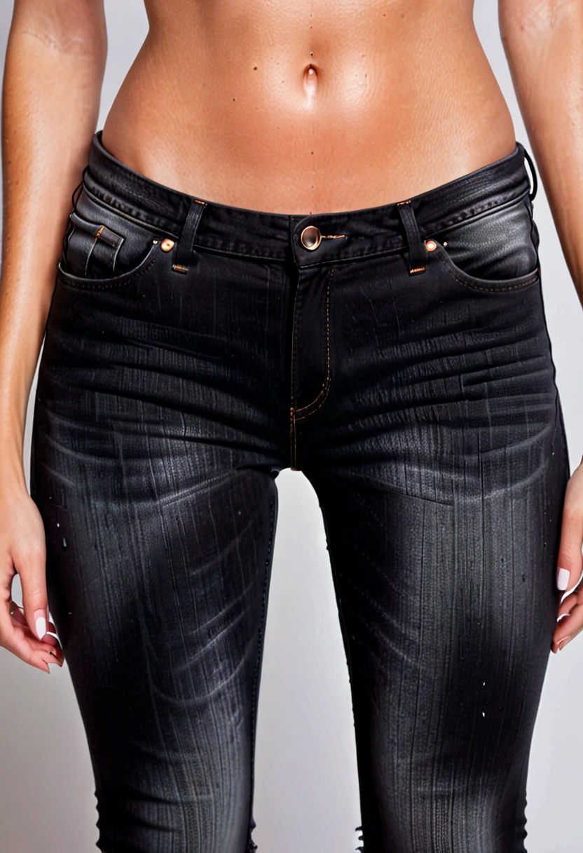Close up on the crotch of a sexy woman wearing a super skinny washed-out black jeans.