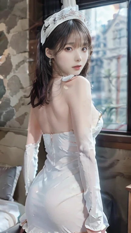 (8k, Realistic, RAW Photos, Highest quality: 1.4),Japanese idol-style beautiful girl,model,1 person,18-year-old,(Short Bob),(Black Hair),tiara,She has her hair tucked behind her ear,Transparent grey eyes,Long eyelashes,eyeliner,eyeliner,(Earrings(small)),cheek(Beige brown),(Lip gloss),lips(Plump,Shiny),透明感のあるwhiteさとキメの細かい肌,thin long neck,Thin and delicate shoulders,(Lace gloves(white)),(Wedding Bouquet),(Wedding dress(Frills,Plumpしたロングスカート :1.1)),(layer),(Fishnet tights(white)),(High heels(white)),(Background of a Gothic stone church with stained glass windows),Smiling for the camera,Full body portrait