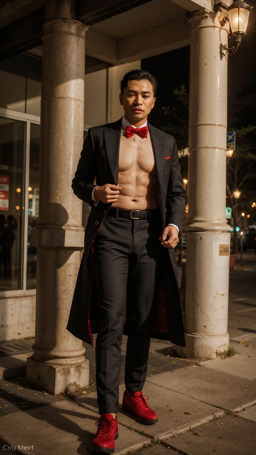 Indochine asian man wearing tuxedo coat stripes pattern dark black and red color and little red stripes line, pattern red stripes, red lines, red column lines, tuxedo style vintage fashion evening long tail coat and oval shape tail coat suit, wearing cummerbund belt accessorie for suit, light skin, chubby anatomy body muscular, golden hour light, stand next to sunflowers vase made by glass, minimalist, minimalism, surrealism, rim light, light flare around body, style from Levi's brand style fashion, minimal, shaped oval tails, chubby body, cummerbund belt, chubby anatomy, shrimp tails coat, collar lapel black, long tail coat, shrimp tail coat, formal dresses, chubby body, high and long tube shoes boots cowboy, black color suit, little red more thin stripes sew lines pattern, More many much stripes straight lines red color patterns, thick red line around neck, bred color