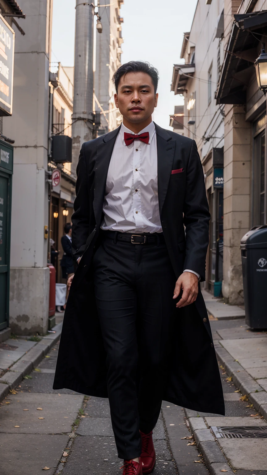 Indochine asian man wearing tuxedo coat stripes pattern dark black and red color and little red stripes line, pattern red stripes, red lines, red column lines, tuxedo style vintage fashion evening long tail coat and oval shape tail coat suit, wearing cummerbund belt accessorie for suit, light skin, chubby ??????? body muscular, golden hour light, stand next to sunflowers vase made by glass, minimalist, minimalism, surrealism, rim light, light flare around body, style from Levi's brand style fashion, minimal, shaped oval tails, chubby body, cummerbund belt, chubby ???????, shrimp tails coat, collar lapel black, long tail coat, shrimp tail coat, formal dresses, chubby body, high and long tube shoes boots cowboy, black color suit, little red more thin stripes sew lines pattern, More many much stripes straight lines red color patterns, thick red line around neck, bred color